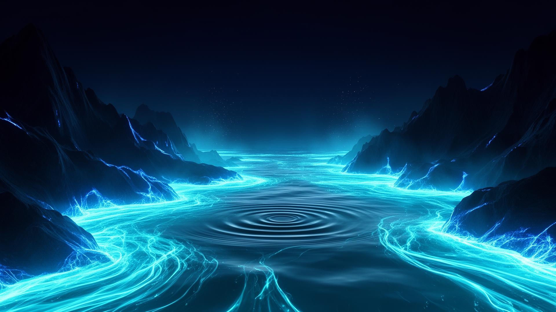 Luminous electric cyan ocean flowing between sculpted dark blue mountains